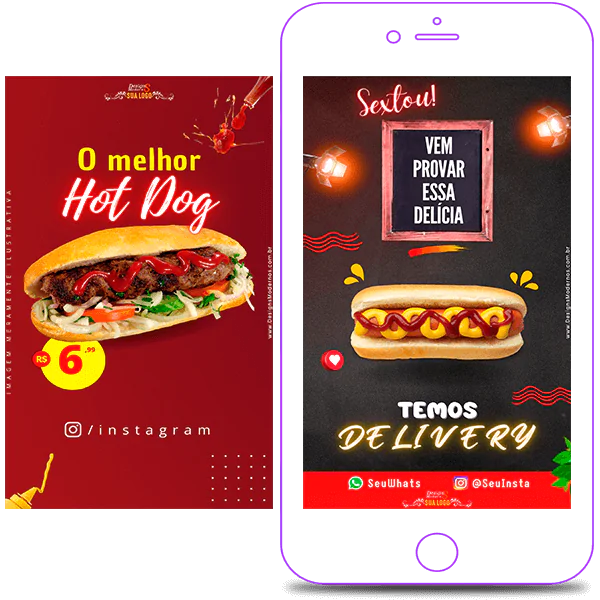 Stories Editáveis Hot Dog para Redes Sociais
