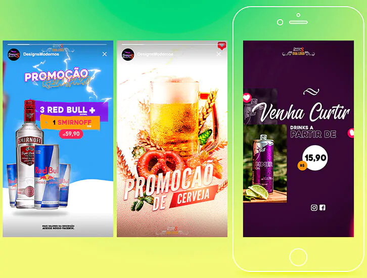 Pack de 410 Artes de Bebidas para Redes Sociais 14 stories de bebidas editáveis